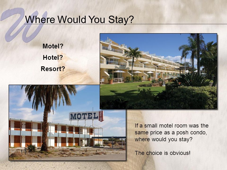 Where Would You Stay. Motel. Hotel. Resort.