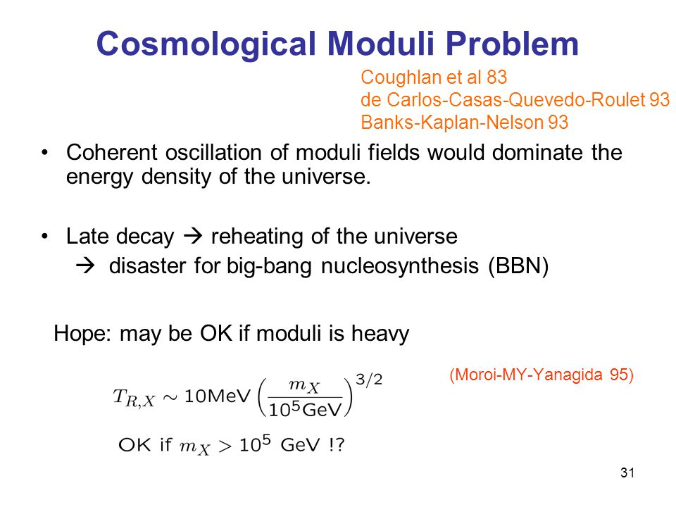 31 Cosmological Moduli Problem Coherent oscillation of moduli fields would dominate the energy density of the universe.
