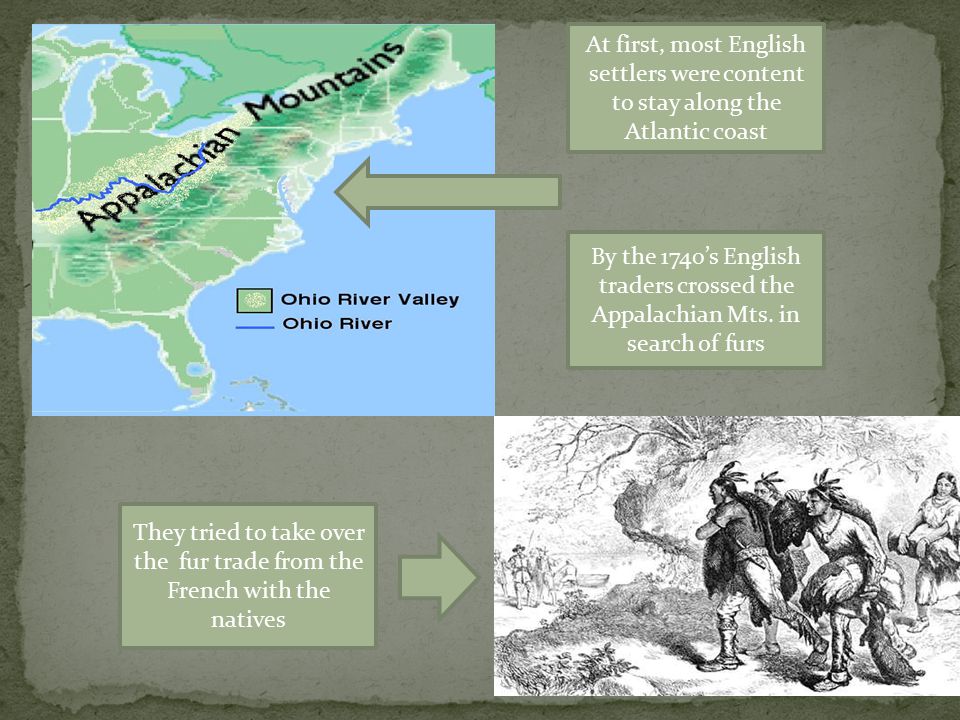 At first, most English settlers were content to stay along the Atlantic coast By the 1740’s English traders crossed the Appalachian Mts.