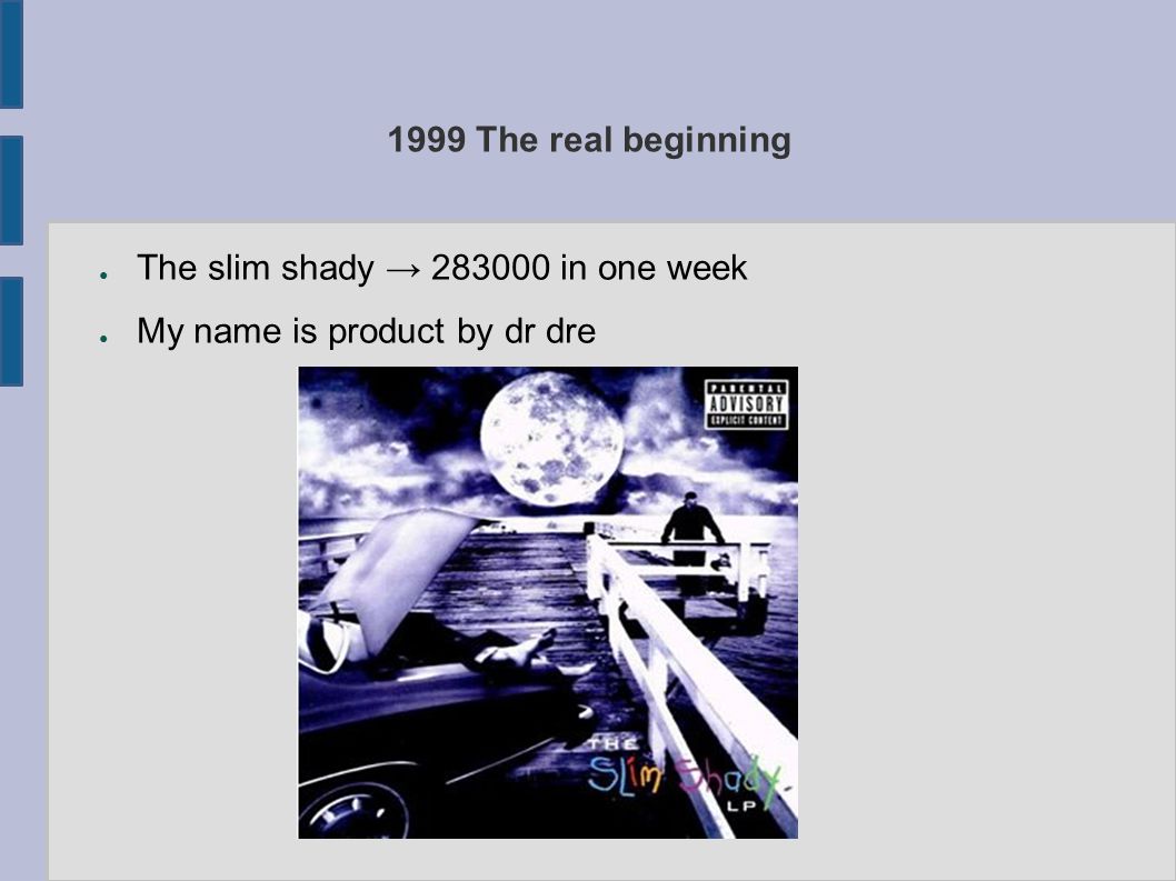 1999 The real beginning ● The slim shady → in one week ● My name is product by dr dre