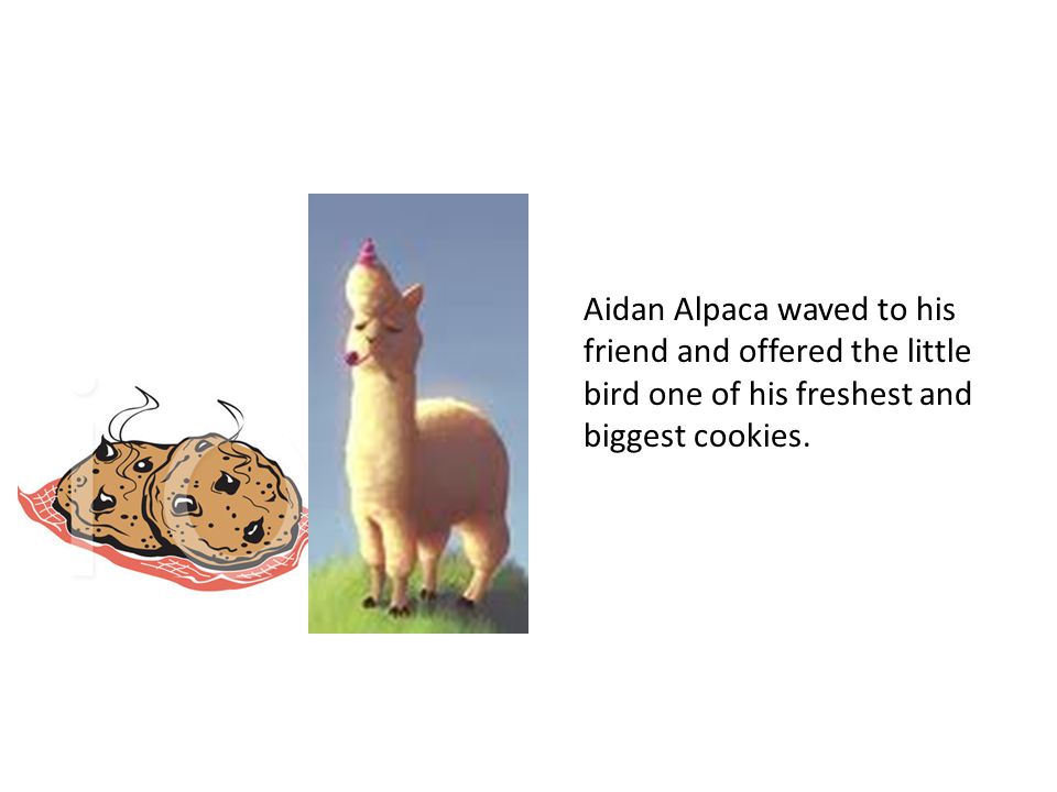 Aidan Alpaca waved to his friend and offered the little bird one of his freshest and biggest cookies.