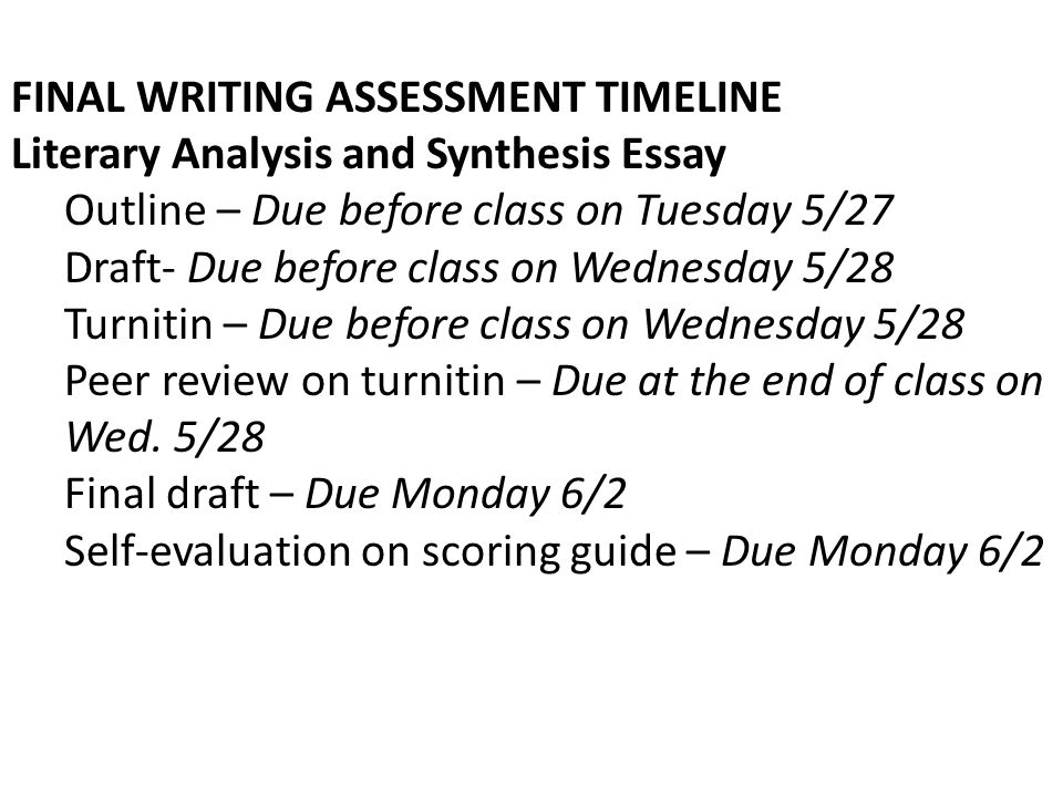 FINAL WRITING ASSESSMENT TIMELINE Literary Analysis and Synthesis Essay Outline – Due before class on Tuesday 5/27 Draft- Due before class on Wednesday 5/28 Turnitin – Due before class on Wednesday 5/28 Peer review on turnitin – Due at the end of class on Wed.