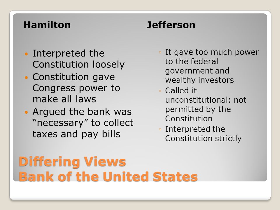 Differing Views Bank of the United States HamiltonJefferson Interpreted the Constitution loosely Constitution gave Congress power to make all laws Argued the bank was necessary to collect taxes and pay bills ◦It gave too much power to the federal government and wealthy investors ◦Called it unconstitutional: not permitted by the Constitution ◦Interpreted the Constitution strictly