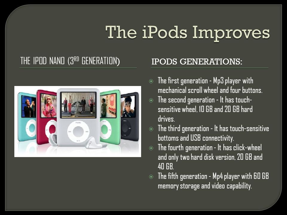 THE IPOD NANO (3 RD GENERATION ) IPODS GENERATIONS:  The first generation - Mp3 player with mechanical scroll wheel and four buttons.