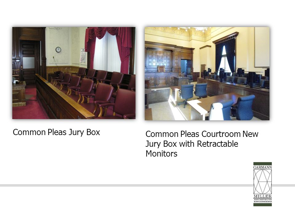 Common Pleas Courtroom New Jury Box with Retractable Monitors Common Pleas Jury Box