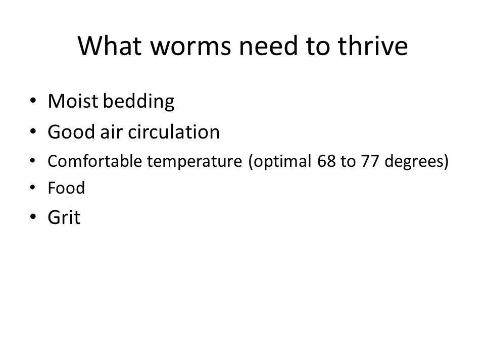 What worms need to thrive Moist bedding Good air circulation Comfortable temperature (optimal 68 to 77 degrees) Food Grit