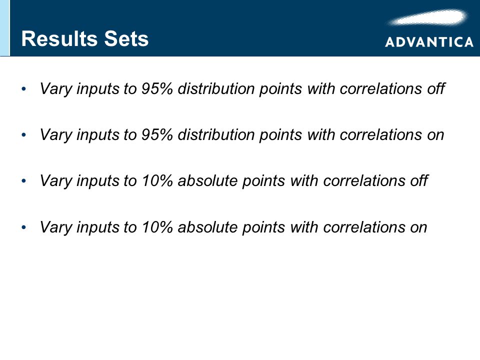Results Sets Vary inputs to 95% distribution points with correlations off Vary inputs to 95% distribution points with correlations on Vary inputs to 10% absolute points with correlations off Vary inputs to 10% absolute points with correlations on