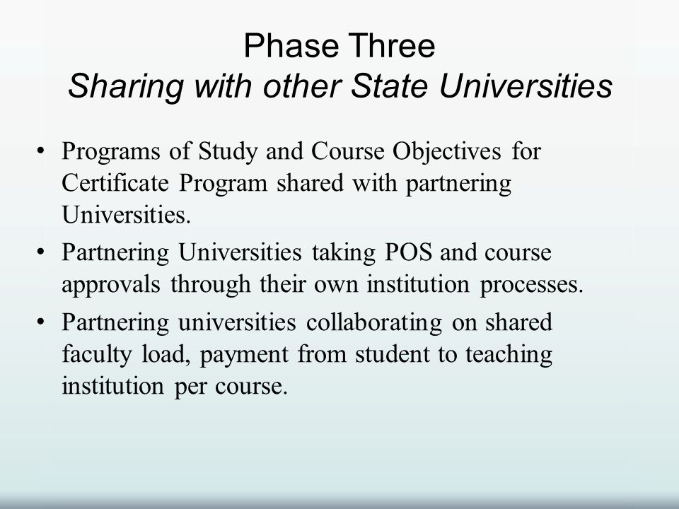Phase Three Sharing with other State Universities Programs of Study and Course Objectives for Certificate Program shared with partnering Universities.