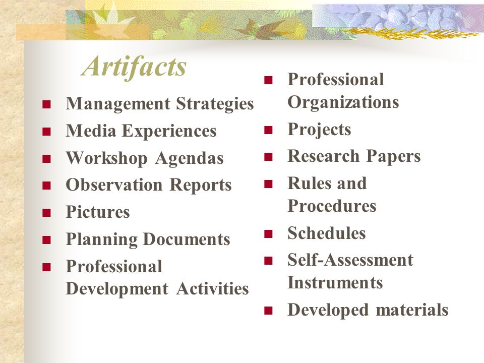 Artifacts Management Strategies Media Experiences Workshop Agendas Observation Reports Pictures Planning Documents Professional Development Activities Professional Organizations Projects Research Papers Rules and Procedures Schedules Self-Assessment Instruments Developed materials