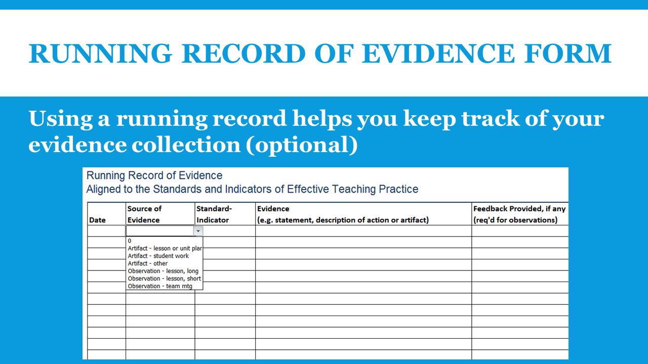 RUNNING RECORD OF EVIDENCE FORM Using a running record helps you keep track of your evidence collection (optional)