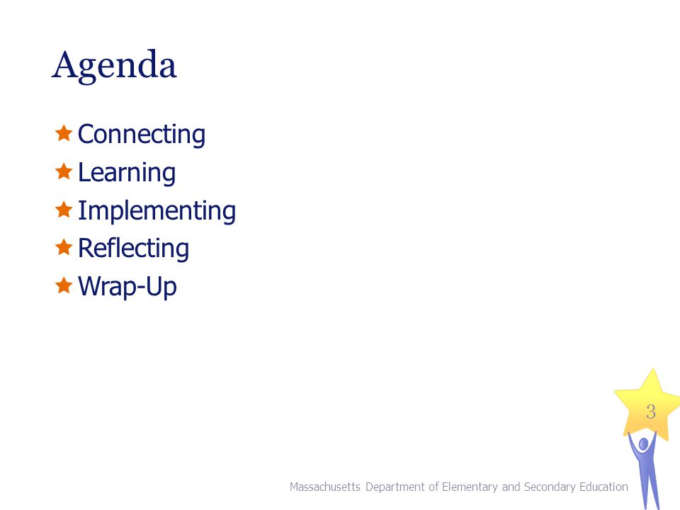 Agenda  Connecting  Learning  Implementing  Reflecting  Wrap-Up 3 Massachusetts Department of Elementary and Secondary Education