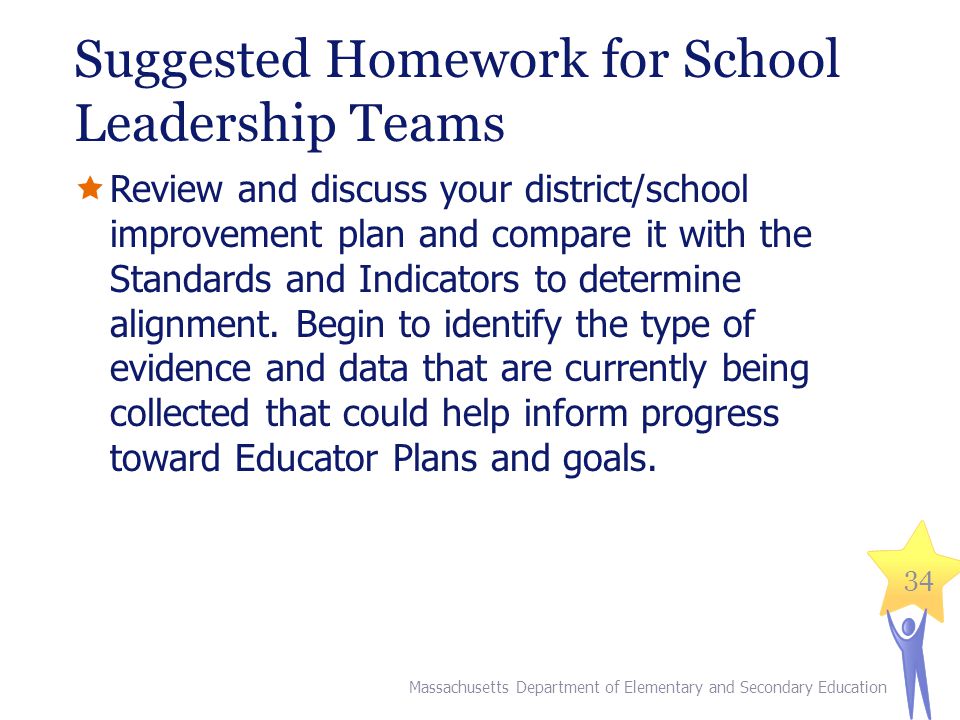 Suggested Homework for School Leadership Teams  Review and discuss your district/school improvement plan and compare it with the Standards and Indicators to determine alignment.