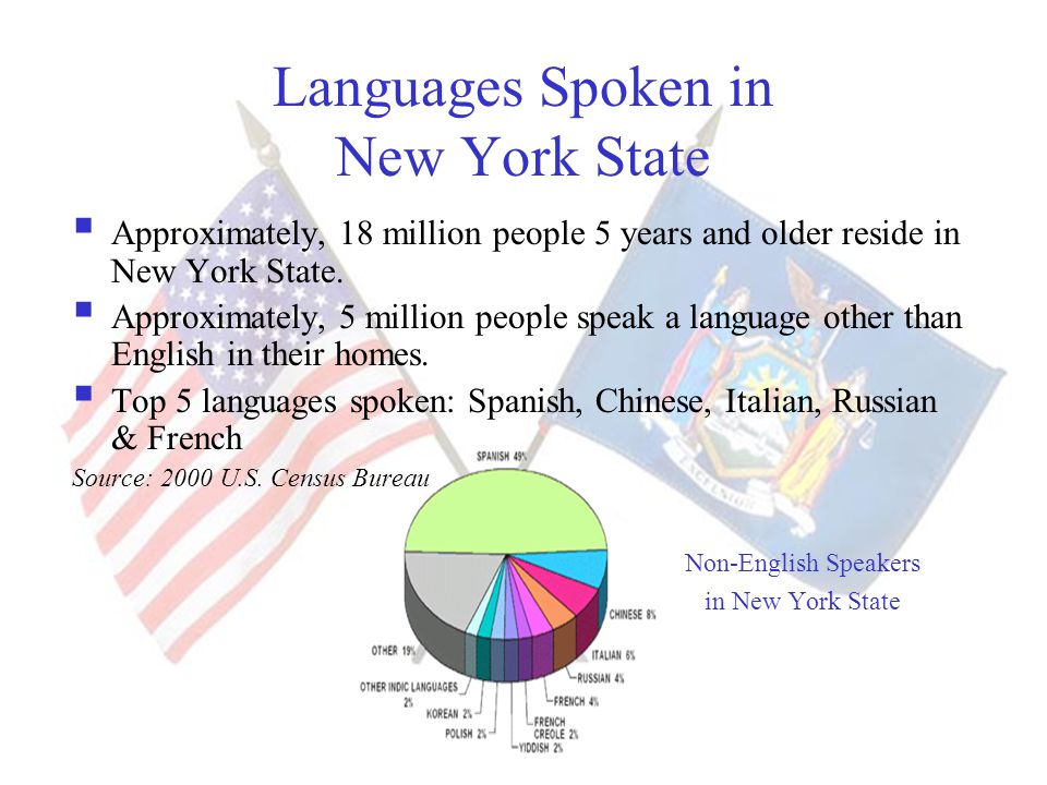 Languages Spoken in New York State  Approximately, 18 million people 5 years and older reside in New York State.