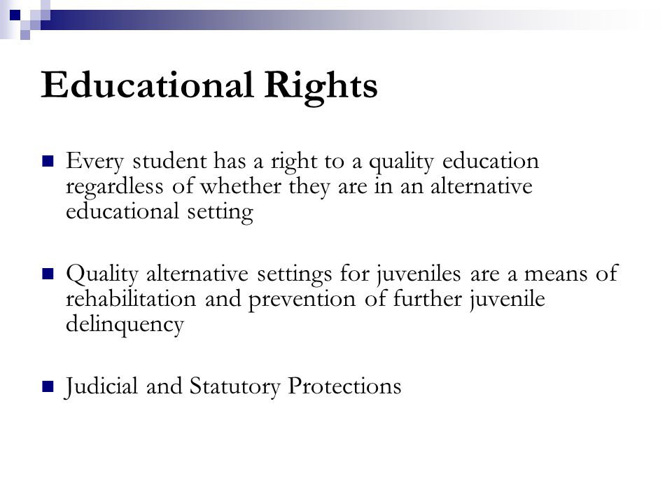 Educational Rights Every student has a right to a quality education regardless of whether they are in an alternative educational setting Quality alternative settings for juveniles are a means of rehabilitation and prevention of further juvenile delinquency Judicial and Statutory Protections