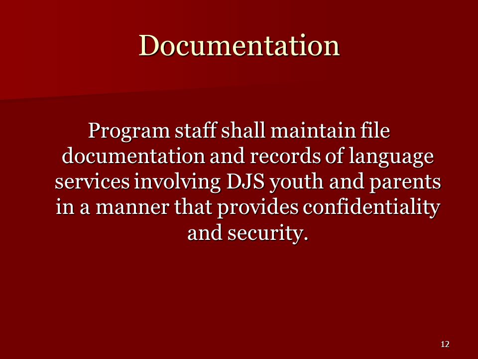 12 Documentation Program staff shall maintain file documentation and records of language services involving DJS youth and parents in a manner that provides confidentiality and security.