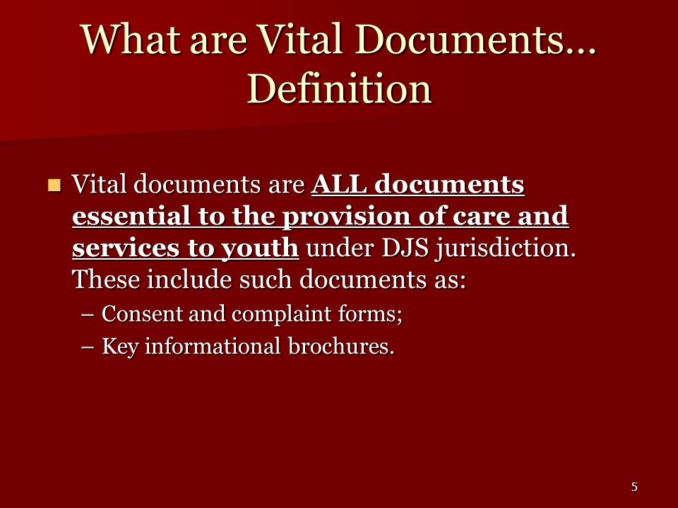5 What are Vital Documents… Definition Vital documents are ALL documents essential to the provision of care and services to youth under DJS jurisdiction.