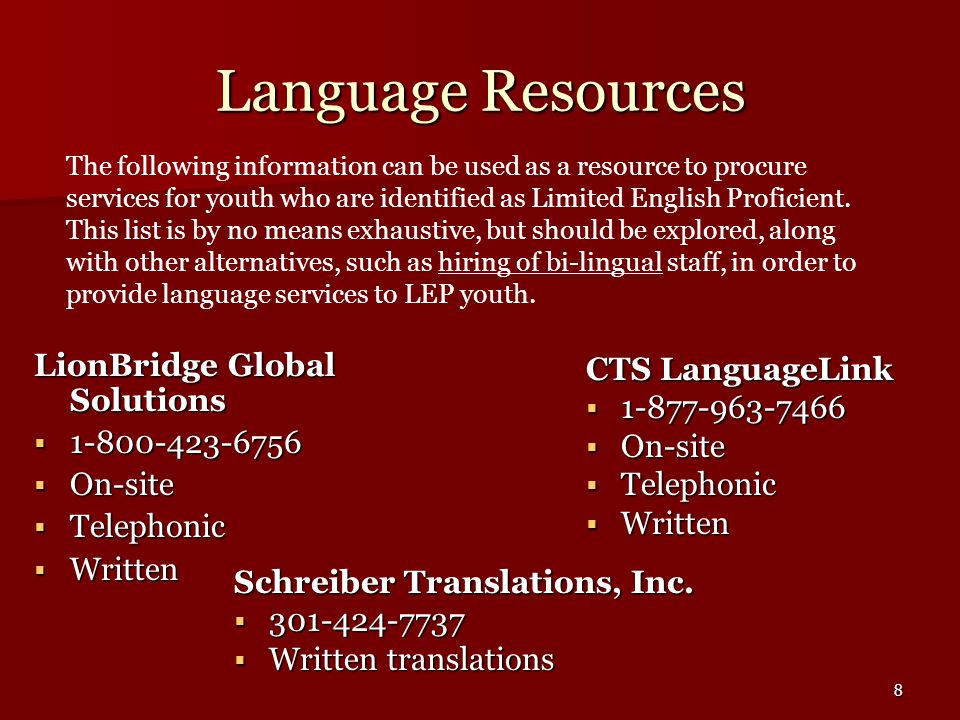 8 Language Resources LionBridge Global Solutions   On-site  Telephonic  Written CTS LanguageLink   On-site  Telephonic  Written Schreiber Translations, Inc.