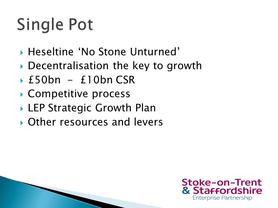  Heseltine ‘No Stone Unturned’  Decentralisation the key to growth  £50bn - £10bn CSR  Competitive process  LEP Strategic Growth Plan  Other resources and levers