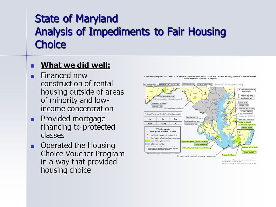 State of Maryland Analysis of Impediments to Fair Housing Choice What we did well: What we did well: Financed new construction of rental housing outside of areas of minority and low- income concentration Financed new construction of rental housing outside of areas of minority and low- income concentration Provided mortgage financing to protected classes Provided mortgage financing to protected classes Operated the Housing Choice Voucher Program in a way that provided housing choice Operated the Housing Choice Voucher Program in a way that provided housing choice
