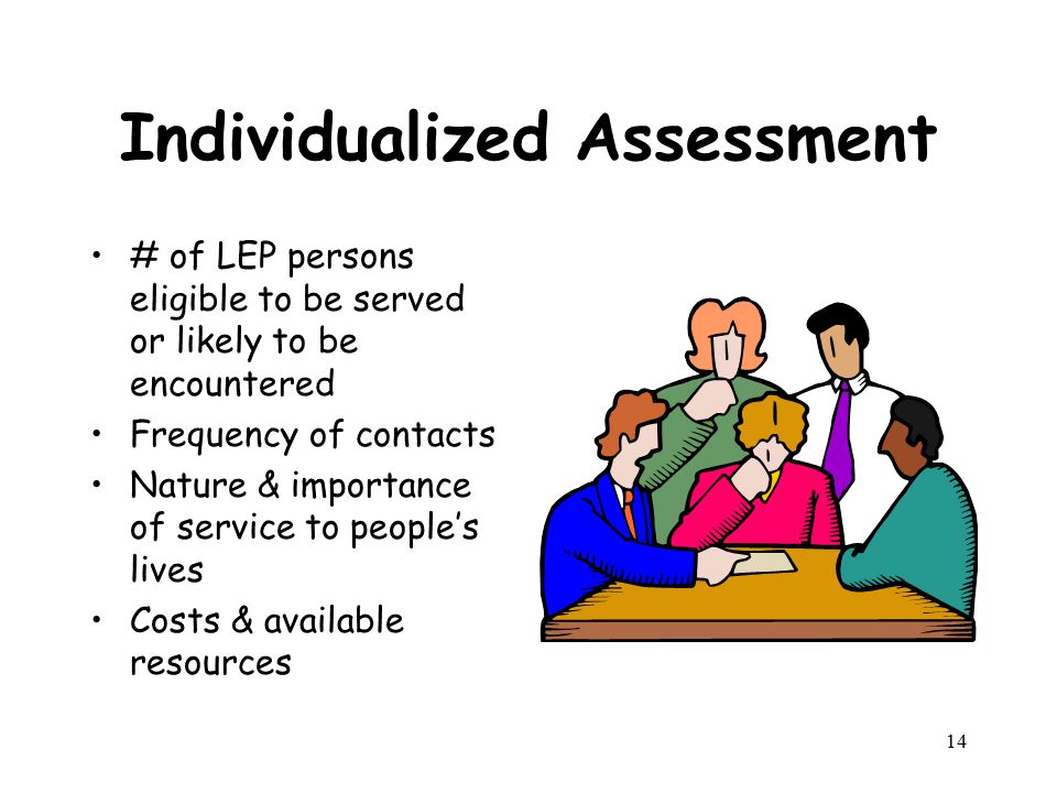 Individualized Assessment # of LEP persons eligible to be served or likely to be encountered Frequency of contacts Nature & importance of service to people’s lives Costs & available resources 14