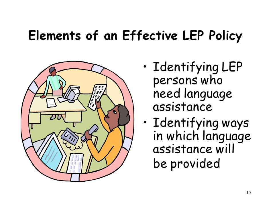 Elements of an Effective LEP Policy Identifying LEP persons who need language assistance Identifying ways in which language assistance will be provided 15