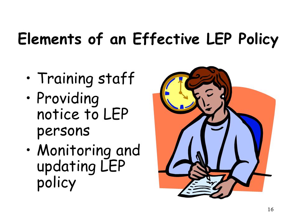 Elements of an Effective LEP Policy Training staff Providing notice to LEP persons Monitoring and updating LEP policy 16