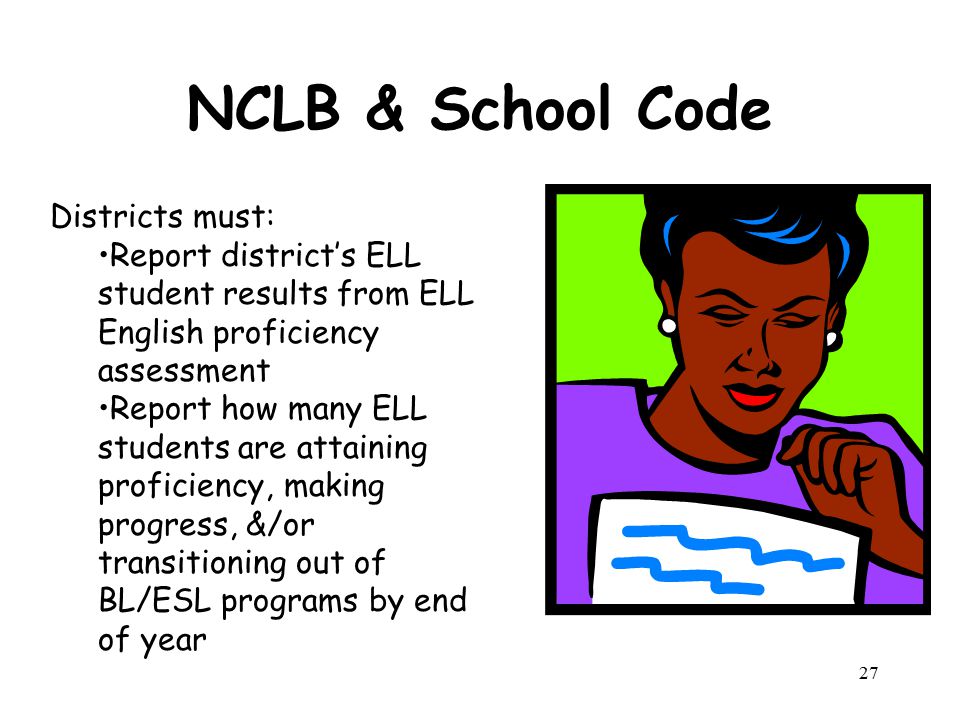 NCLB & School Code Districts must: Report district’s ELL student results from ELL English proficiency assessment Report how many ELL students are attaining proficiency, making progress, &/or transitioning out of BL/ESL programs by end of year 27