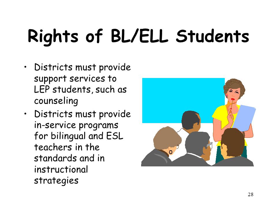Rights of BL/ELL Students Districts must provide support services to LEP students, such as counseling Districts must provide in-service programs for bilingual and ESL teachers in the standards and in instructional strategies 28