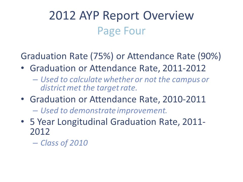 Graduation Rate (75%) or Attendance Rate (90%) Graduation or Attendance Rate, – Used to calculate whether or not the campus or district met the target rate.