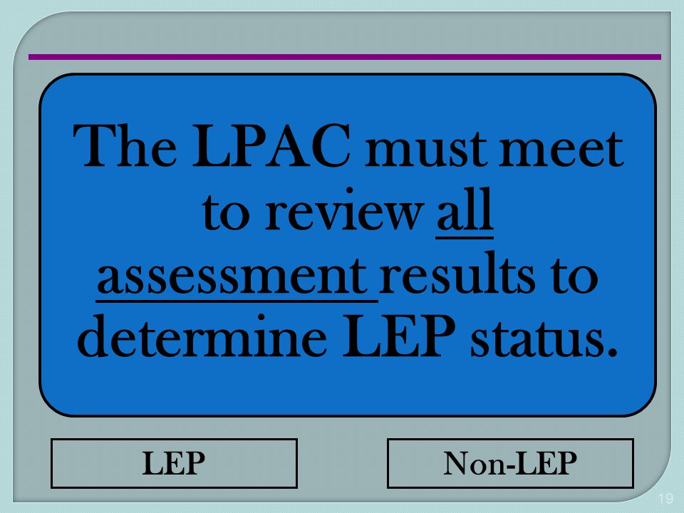 The LPAC must meet to review all assessment results to determine LEP status. 19 LEPNon-LEP