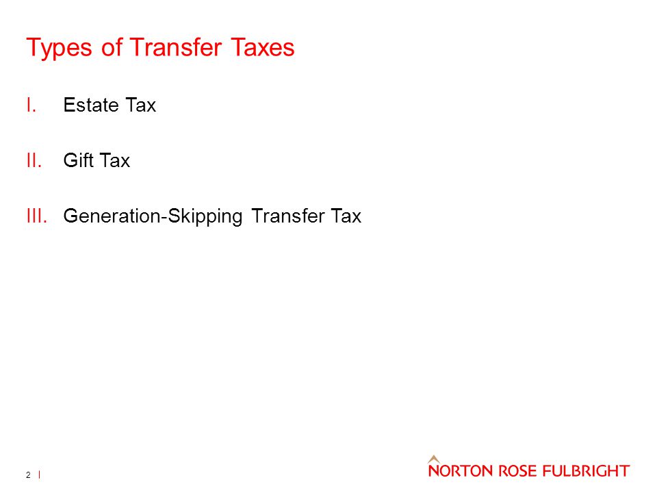 Types of Transfer Taxes 2 I.Estate Tax II.Gift Tax III.Generation-Skipping Transfer Tax