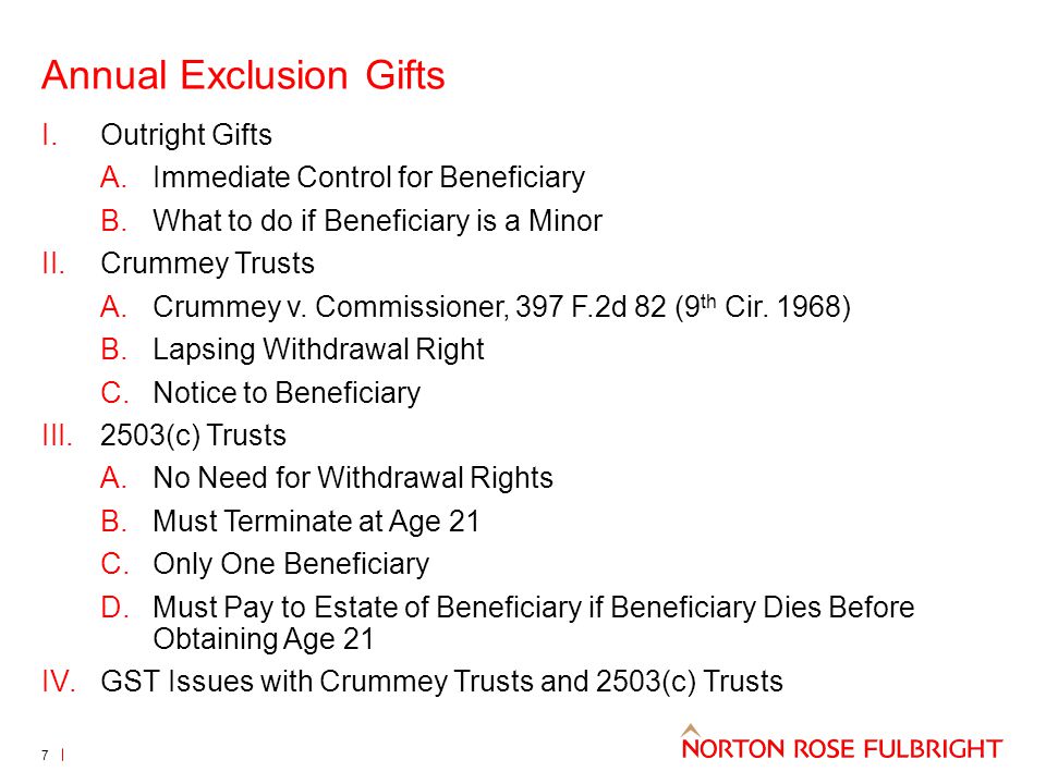 Annual Exclusion Gifts I.Outright Gifts A.Immediate Control for Beneficiary B.What to do if Beneficiary is a Minor II.Crummey Trusts A.Crummey v.