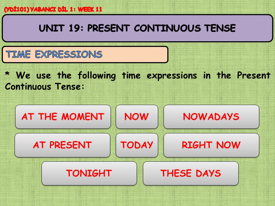 * We use the following time expressions in the Present Continuous Tense: AT THE MOMENT NOW AT PRESENT RIGHT NOW TODAY TONIGHT NOWADAYS THESE DAYS