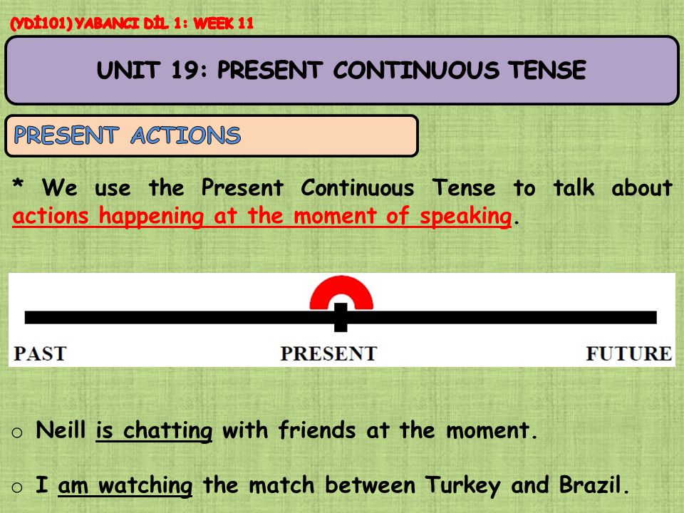* We use the Present Continuous Tense to talk about actions happening at the moment of speaking.