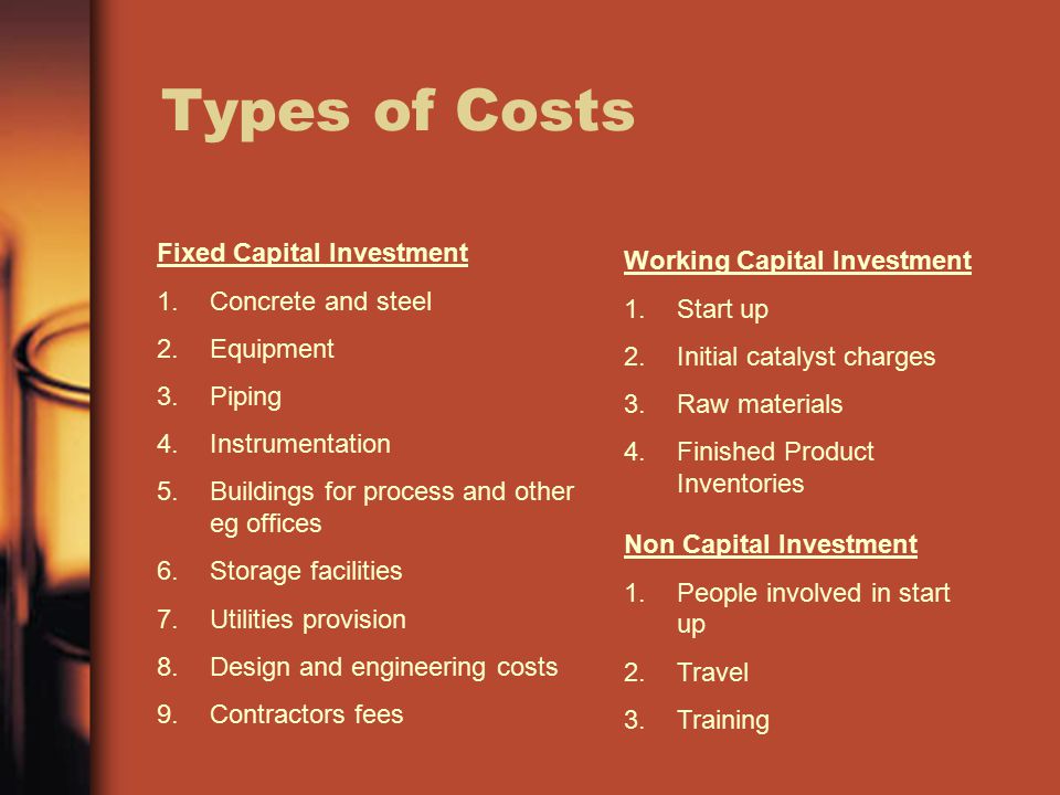 Types of Costs Fixed Capital Investment 1.Concrete and steel 2.Equipment 3.Piping 4.Instrumentation 5.Buildings for process and other eg offices 6.Storage facilities 7.Utilities provision 8.Design and engineering costs 9.Contractors fees Working Capital Investment 1.Start up 2.Initial catalyst charges 3.Raw materials 4.Finished Product Inventories Non Capital Investment 1.People involved in start up 2.Travel 3.Training