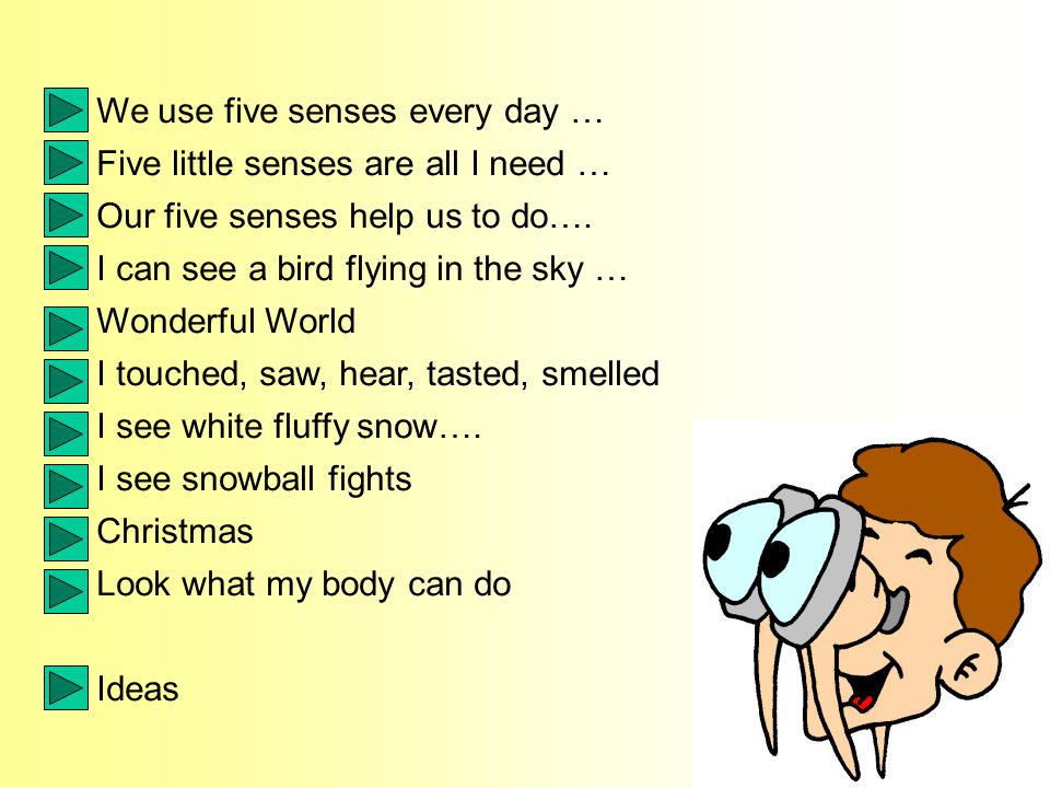 We use five senses every day … Five little senses are all I need … Our five senses help us to do….