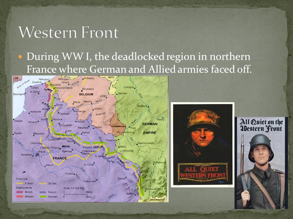 During WW I, the deadlocked region in northern France where German and Allied armies faced off.