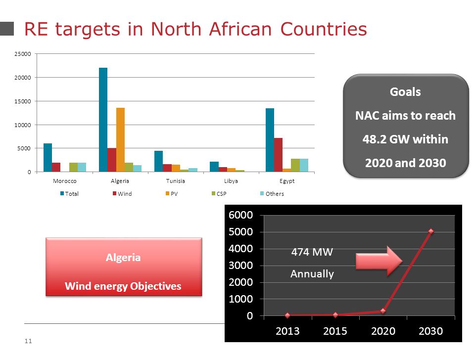 11 RE targets in North African Countries Goals NAC aims to reach 48.2 GW within 2020 and 2030 Goals NAC aims to reach 48.2 GW within 2020 and MW Annually Algeria Wind energy Objectives Algeria Wind energy Objectives
