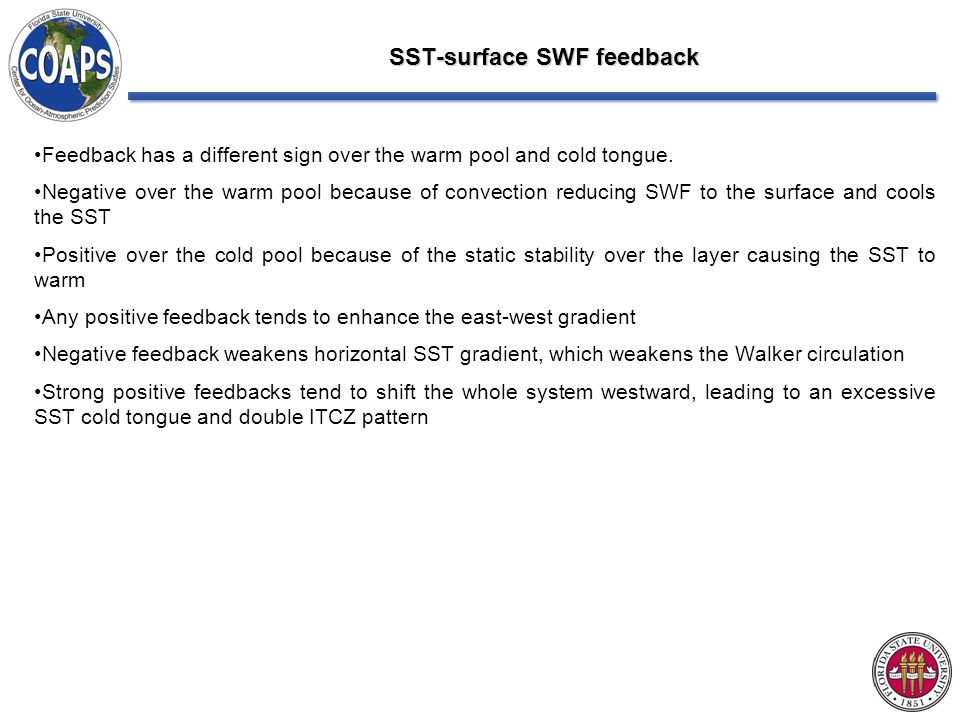 SST-surface SWF feedback Feedback has a different sign over the warm pool and cold tongue.