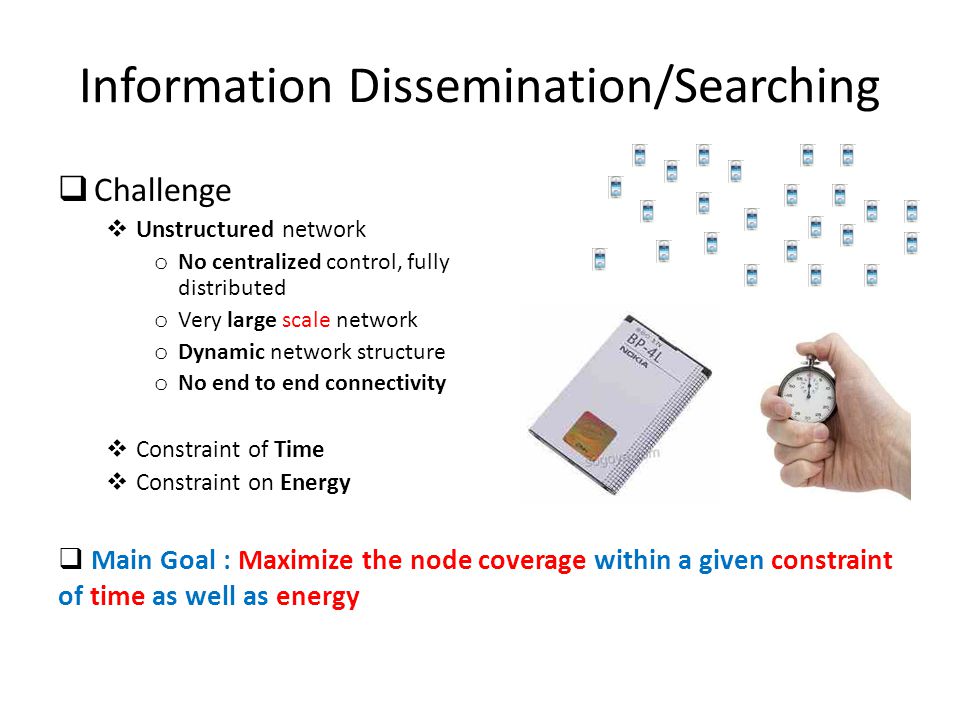 Information Dissemination/Searching  Challenge  Unstructured network o No centralized control, fully distributed o Very large scale network o Dynamic network structure o No end to end connectivity  Constraint of Time  Constraint on Energy  Main Goal : Maximize the node coverage within a given constraint of time as well as energy