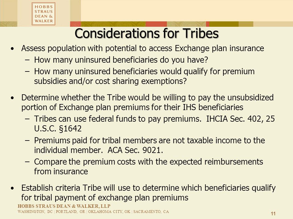 11 HOBBS STRAUS DEAN & WALKER, LLP WASHINGTON, DC | PORTLAND, OR | OKLAHOMA CITY, OK | SACRAMENTO, CA Considerations for Tribes Assess population with potential to access Exchange plan insurance –How many uninsured beneficiaries do you have.