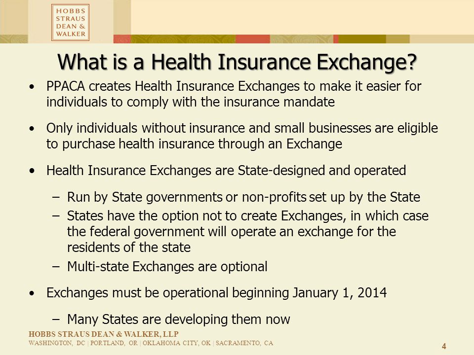 4 HOBBS STRAUS DEAN & WALKER, LLP WASHINGTON, DC | PORTLAND, OR | OKLAHOMA CITY, OK | SACRAMENTO, CA What is a Health Insurance Exchange.