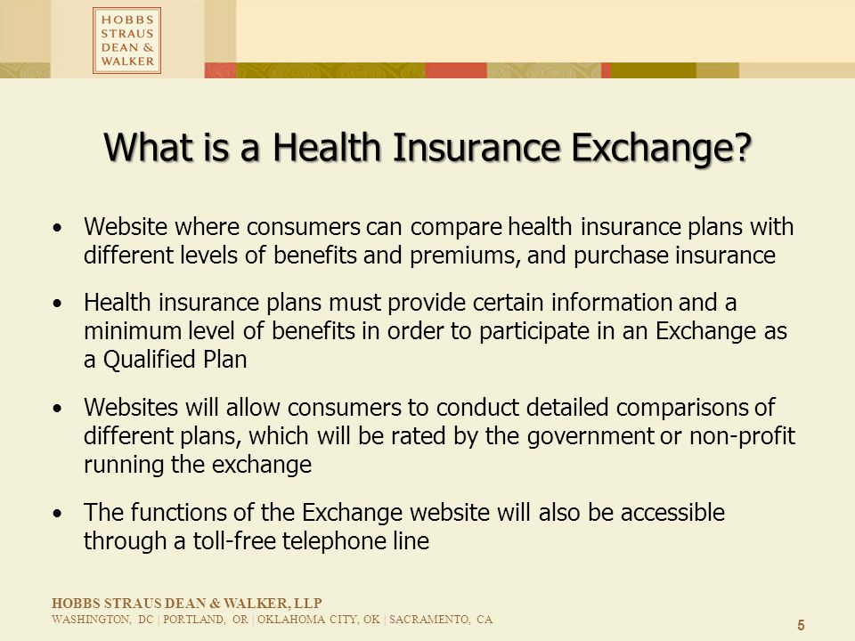 5 HOBBS STRAUS DEAN & WALKER, LLP WASHINGTON, DC | PORTLAND, OR | OKLAHOMA CITY, OK | SACRAMENTO, CA What is a Health Insurance Exchange.