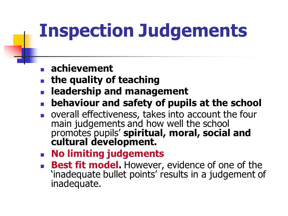 Inspection Judgements achievement the quality of teaching leadership and management behaviour and safety of pupils at the school overall effectiveness, takes into account the four main judgements and how well the school promotes pupils’ spiritual, moral, social and cultural development.