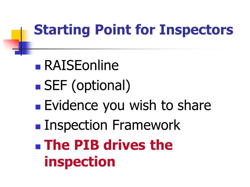 Starting Point for Inspectors RAISEonline SEF (optional) Evidence you wish to share Inspection Framework The PIB drives the inspection