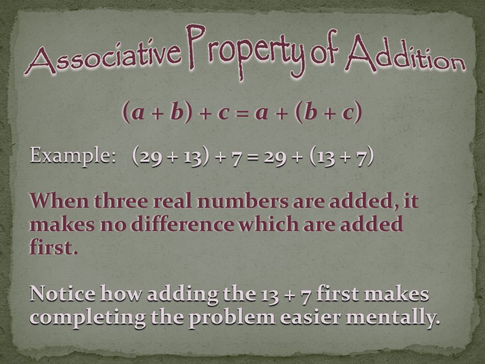 a x b = b x a Example:3 x 7 = 7 x 3 Two real numbers can be multiplied in either order to achieve the same product.