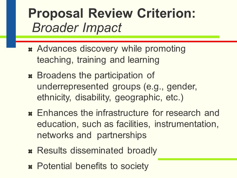 Proposal Review Criterion: Intellectual Merit Potential to advance knowledge and understanding within and across fields Qualifications of investigators Creativity and originality Conceptualization and organization Access to resources