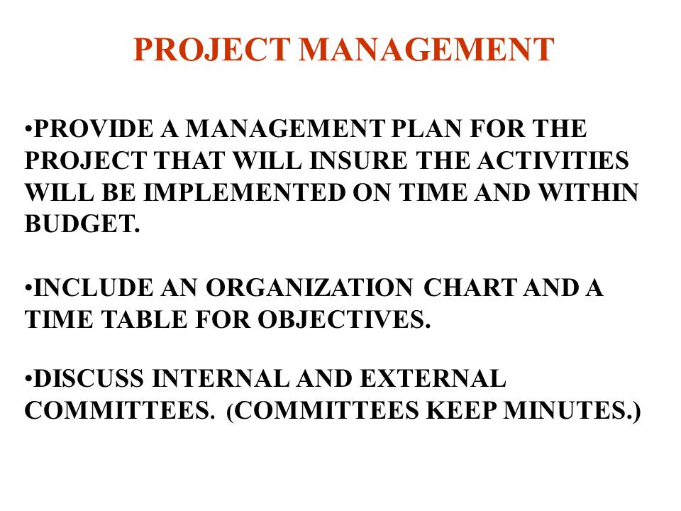 PROJECT MANAGEMENT PROVIDE A MANAGEMENT PLAN FOR THE PROJECT THAT WILL INSURE THE ACTIVITIES WILL BE IMPLEMENTED ON TIME AND WITHIN BUDGET.