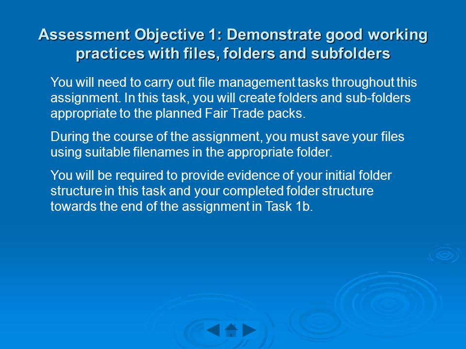 Assessment Objective 1: Demonstrate good working practices with files, folders and subfolders You will need to carry out file management tasks throughout this assignment.