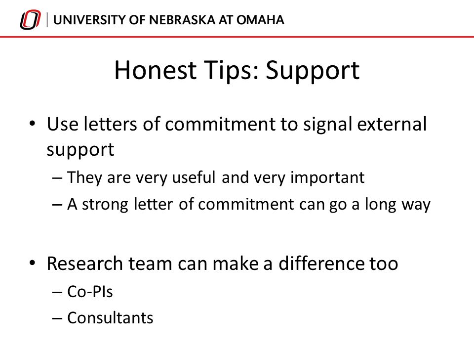 Honest Tips: Support Use letters of commitment to signal external support – They are very useful and very important – A strong letter of commitment can go a long way Research team can make a difference too – Co-PIs – Consultants